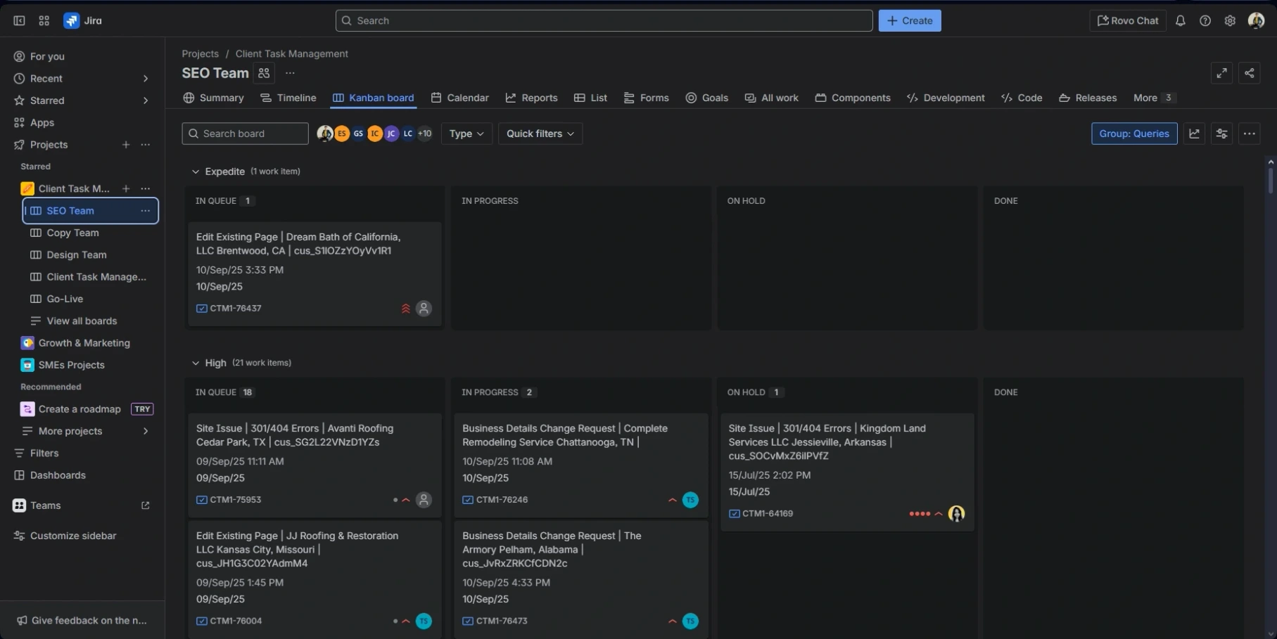 Jira dashboard seo team